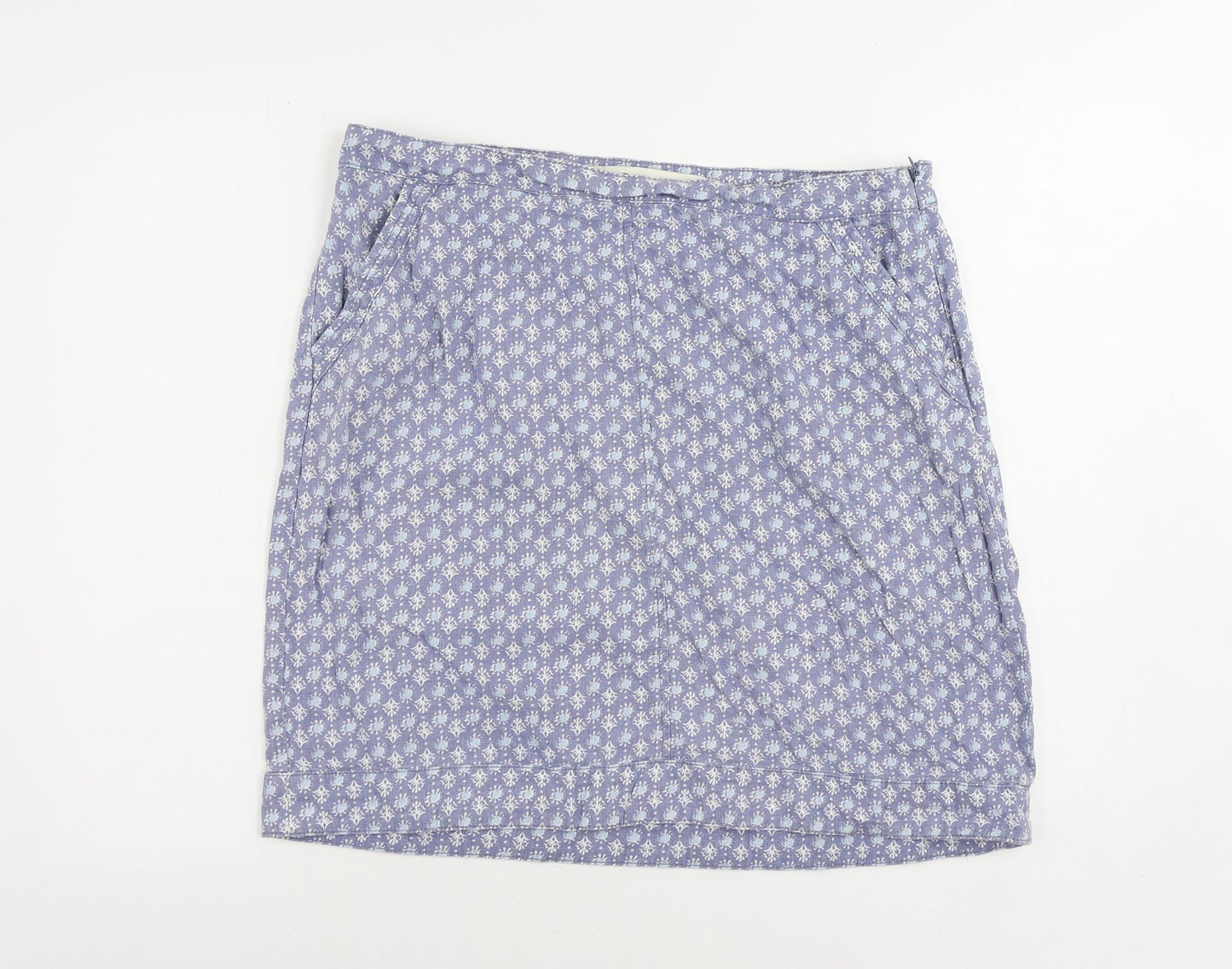 NEXT Womens Blue Geometric Linen A-Line Skirt Size 14 Zip - Pockets