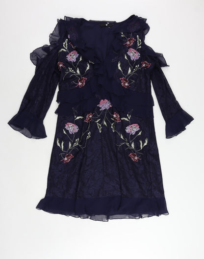 Very Womens Blue Floral Polyester A-Line Size 16 V-Neck Zip - Ruffle