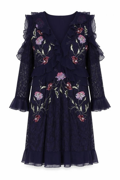 Very Womens Blue Floral Polyester A-Line Size 16 V-Neck Zip - Ruffle