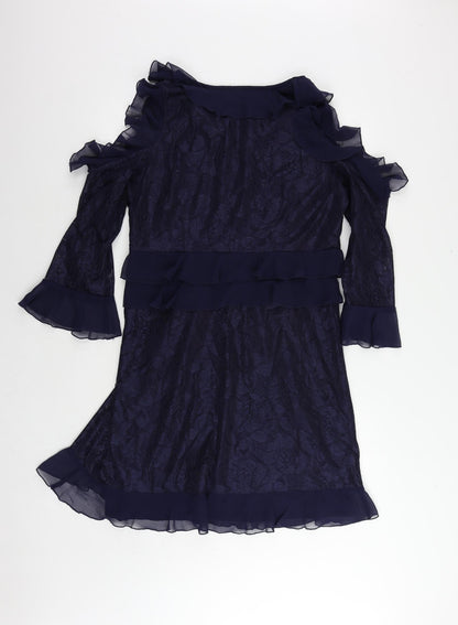 Very Womens Blue Floral Polyester A-Line Size 16 V-Neck Zip - Ruffle