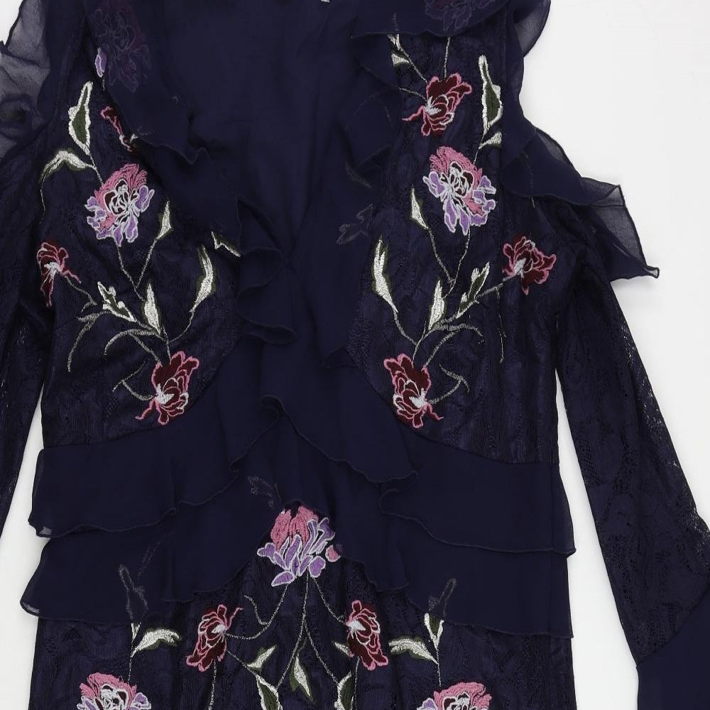 Very Womens Blue Floral Polyester A-Line Size 16 V-Neck Zip - Ruffle