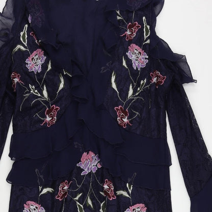 Very Womens Blue Floral Polyester A-Line Size 16 V-Neck Zip - Ruffle