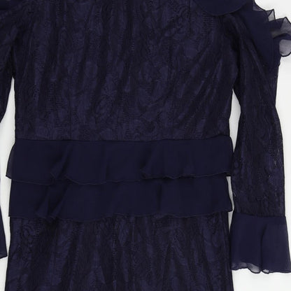 Very Womens Blue Floral Polyester A-Line Size 16 V-Neck Zip - Ruffle