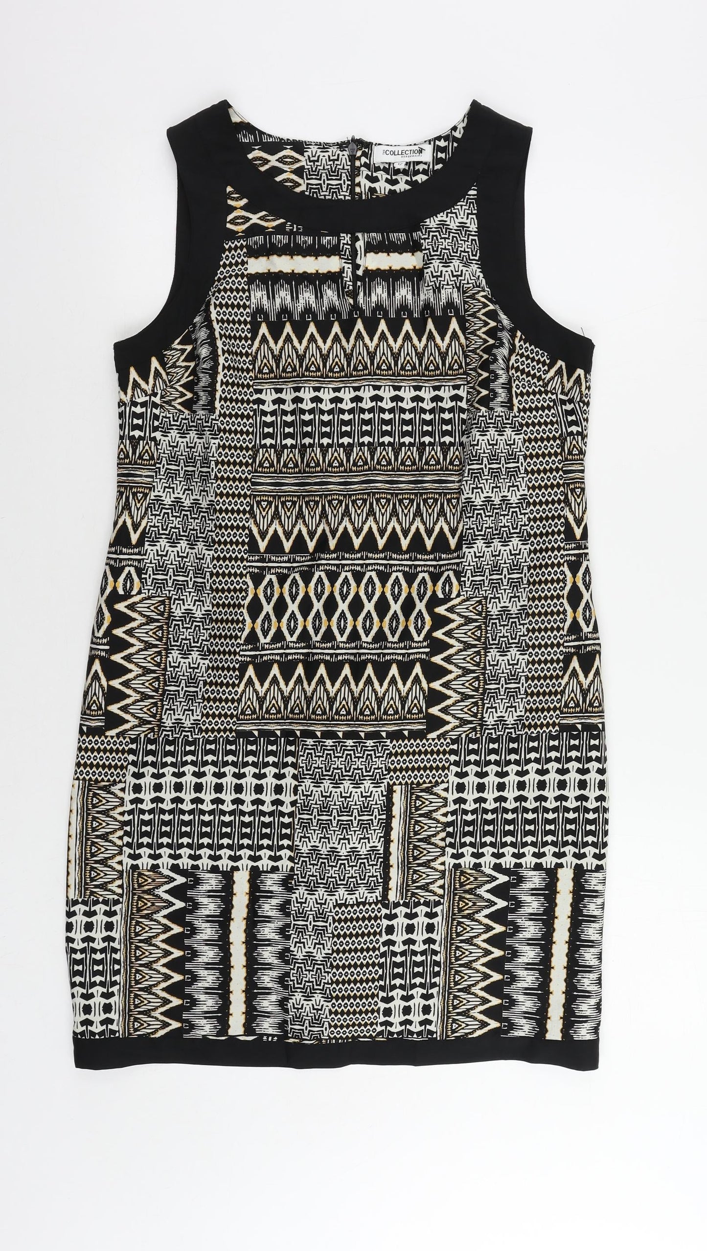 Debenhams Womens Black Geometric Polyester Shift Size 12 Boat Neck Zip