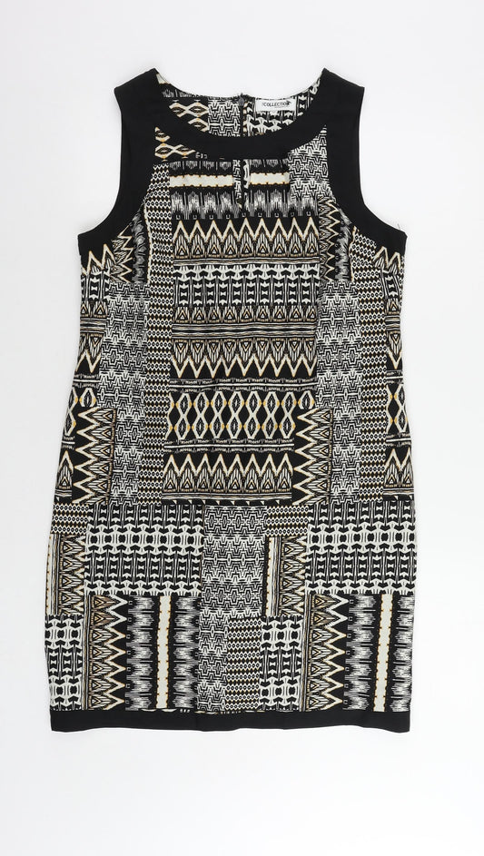 Debenhams Womens Black Geometric Polyester Shift Size 12 Boat Neck Zip