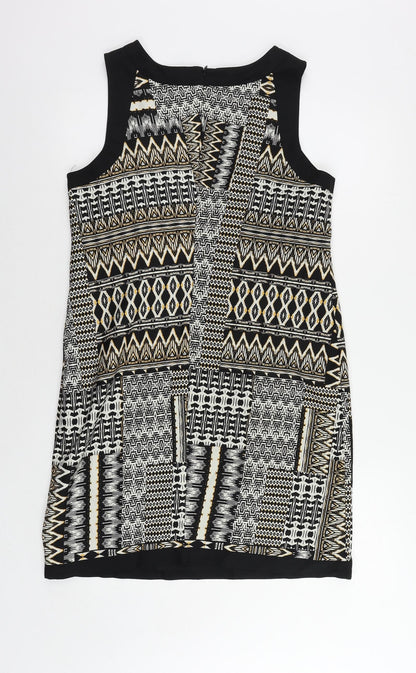 Debenhams Womens Black Geometric Polyester Shift Size 12 Boat Neck Zip