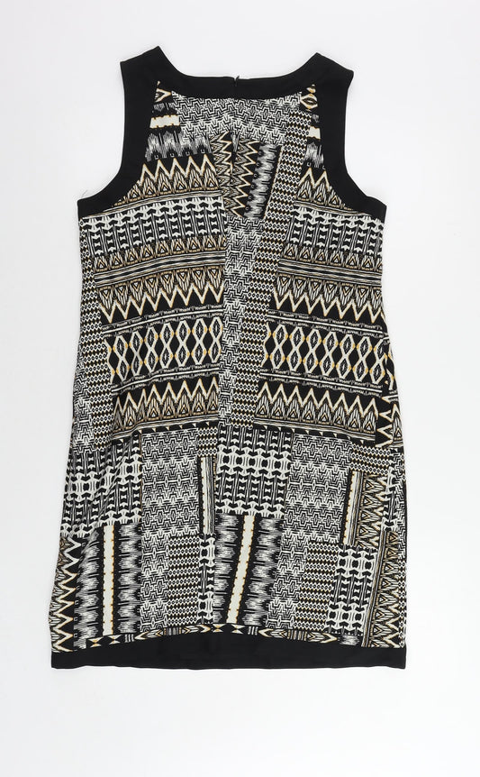 Debenhams Womens Black Geometric Polyester Shift Size 12 Boat Neck Zip