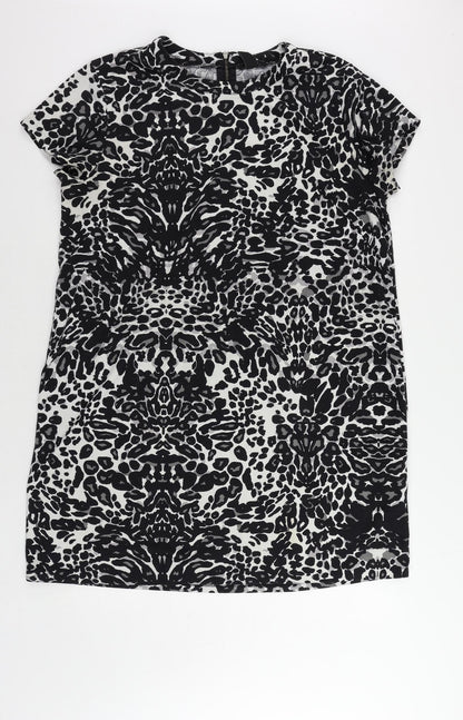 H&M Womens Black Animal Print Polyester T-Shirt Dress Size XL Round Neck Zip