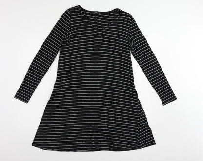 Mango Womens Black Striped Polyester Jumper Dress Size M V-Neck Pullover