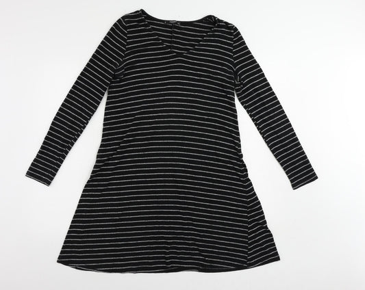 Mango Womens Black Striped Polyester Jumper Dress Size M V-Neck Pullover