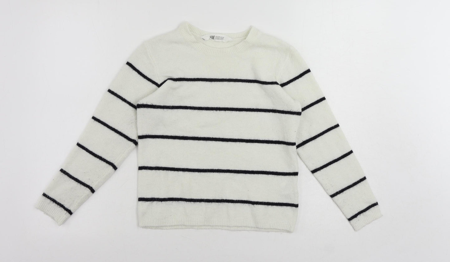 H&M Girls White Crew Neck Striped Acrylic Pullover Jumper Size 9-10 Years Pullover