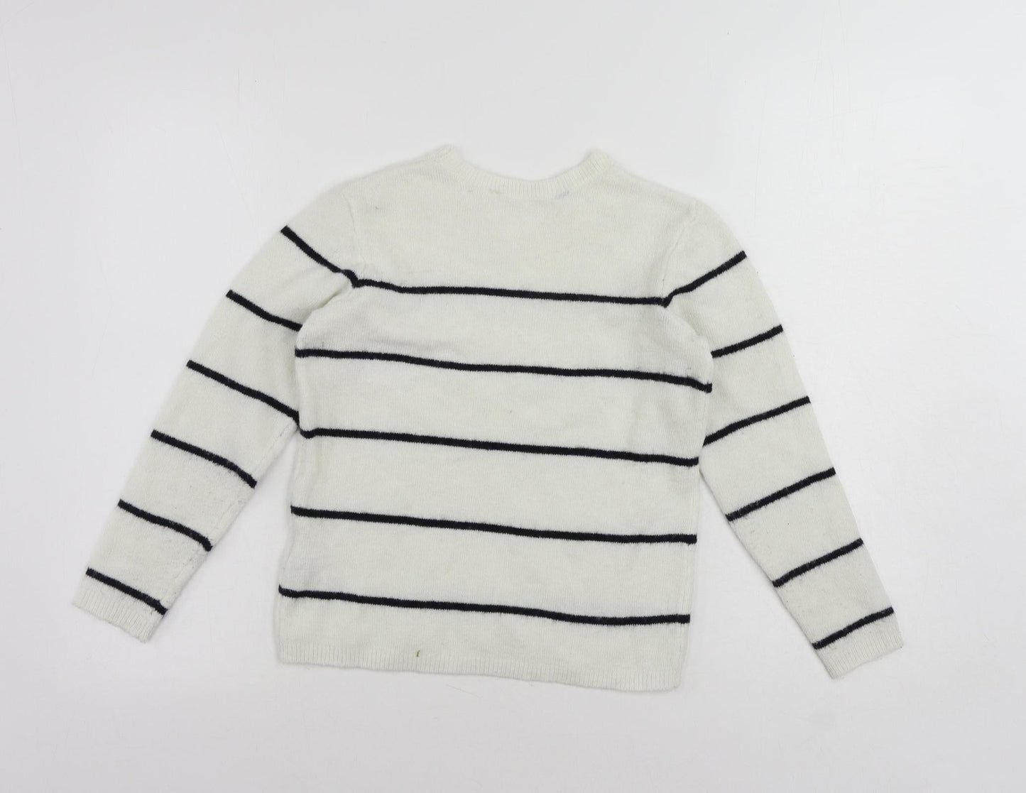 H&M Girls White Crew Neck Striped Acrylic Pullover Jumper Size 9-10 Years Pullover