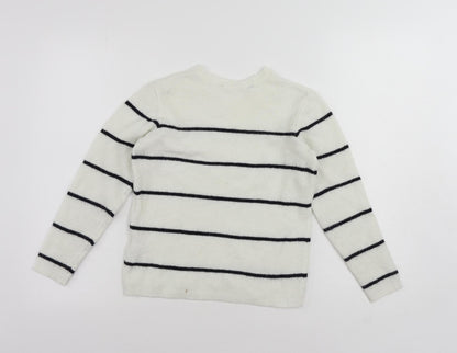 H&M Girls White Crew Neck Striped Acrylic Pullover Jumper Size 9-10 Years Pullover
