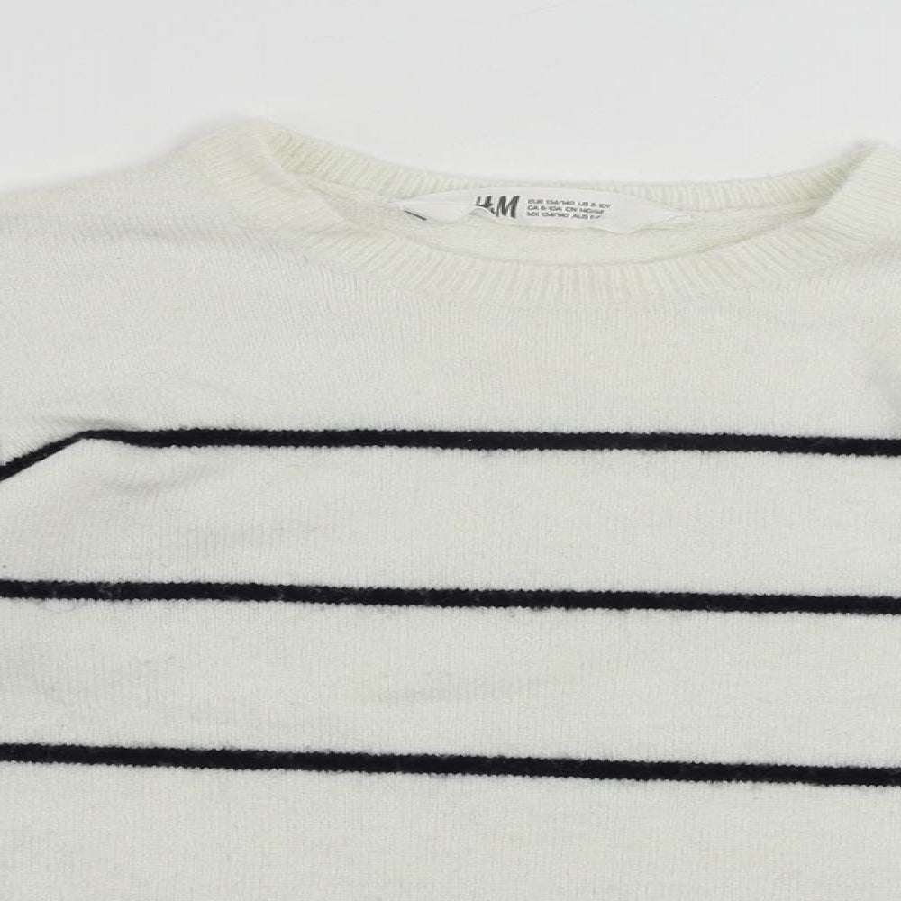 H&M Girls White Crew Neck Striped Acrylic Pullover Jumper Size 9-10 Years Pullover
