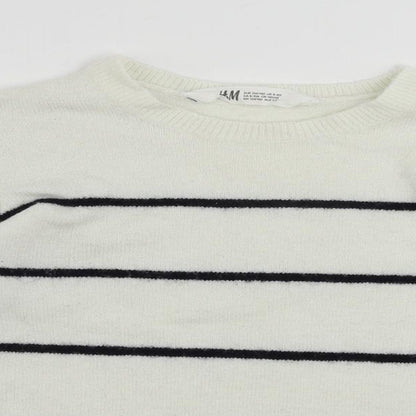 H&M Girls White Crew Neck Striped Acrylic Pullover Jumper Size 9-10 Years Pullover