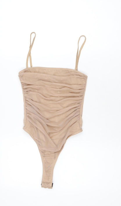 PRETTYLITTLETHING Womens Beige Polyester Bodysuit One-Piece Size 6 Snap