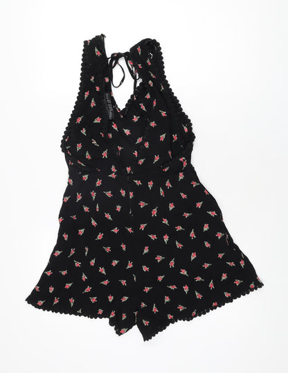 Topshop Womens Black Floral Viscose Playsuit One-Piece Size 10 L3 in Zip