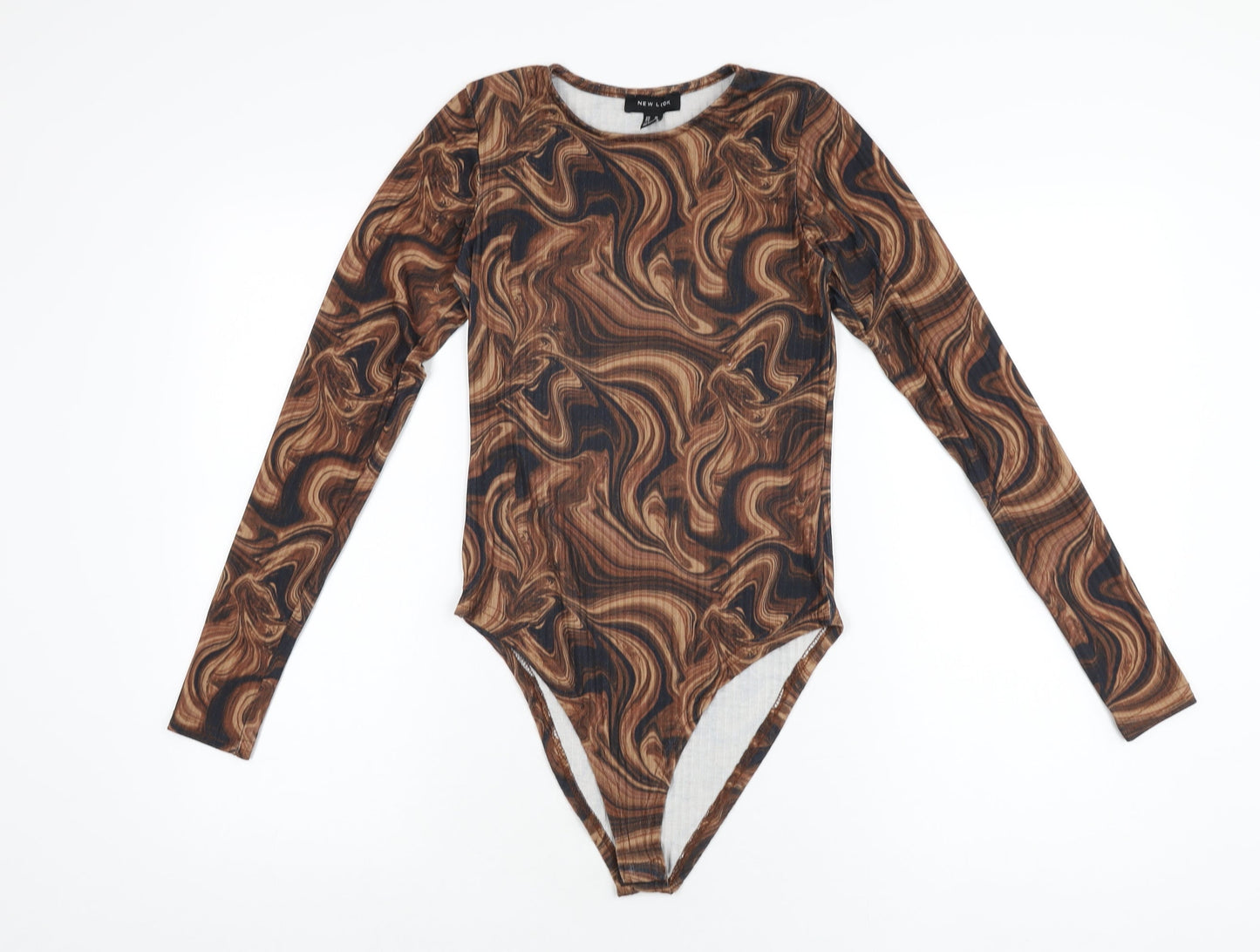 New Look Womens Brown Geometric Polyester Bodysuit One-Piece Size 10 Snap