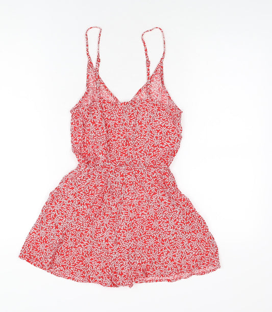 H&M Womens Red Geometric Viscose Playsuit One-Piece Size 8 Pullover