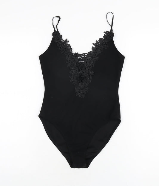 PRETTYLITTLETHING Womens Black Polyester Bodysuit One-Piece Size 6 Snap
