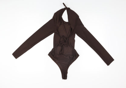 PRETTYLITTLETHING Womens Brown Polyester Bodysuit One-Piece Size 10 Tie