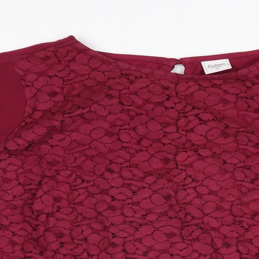 Cotton Traders Womens Red Cotton Basic Blouse Size 12 Round Neck