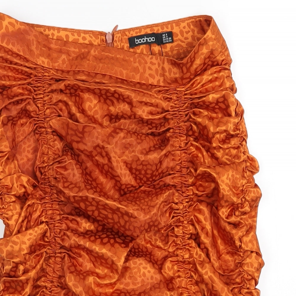Boohoo Womens Orange Polyester Mini Skirt Size 8 Zip - Ruched