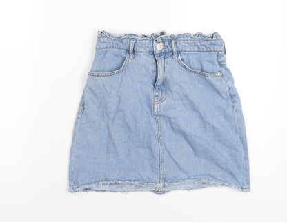 H&M Womens Blue Cotton A-Line Skirt Size 8 Zip - Paperbag Waist