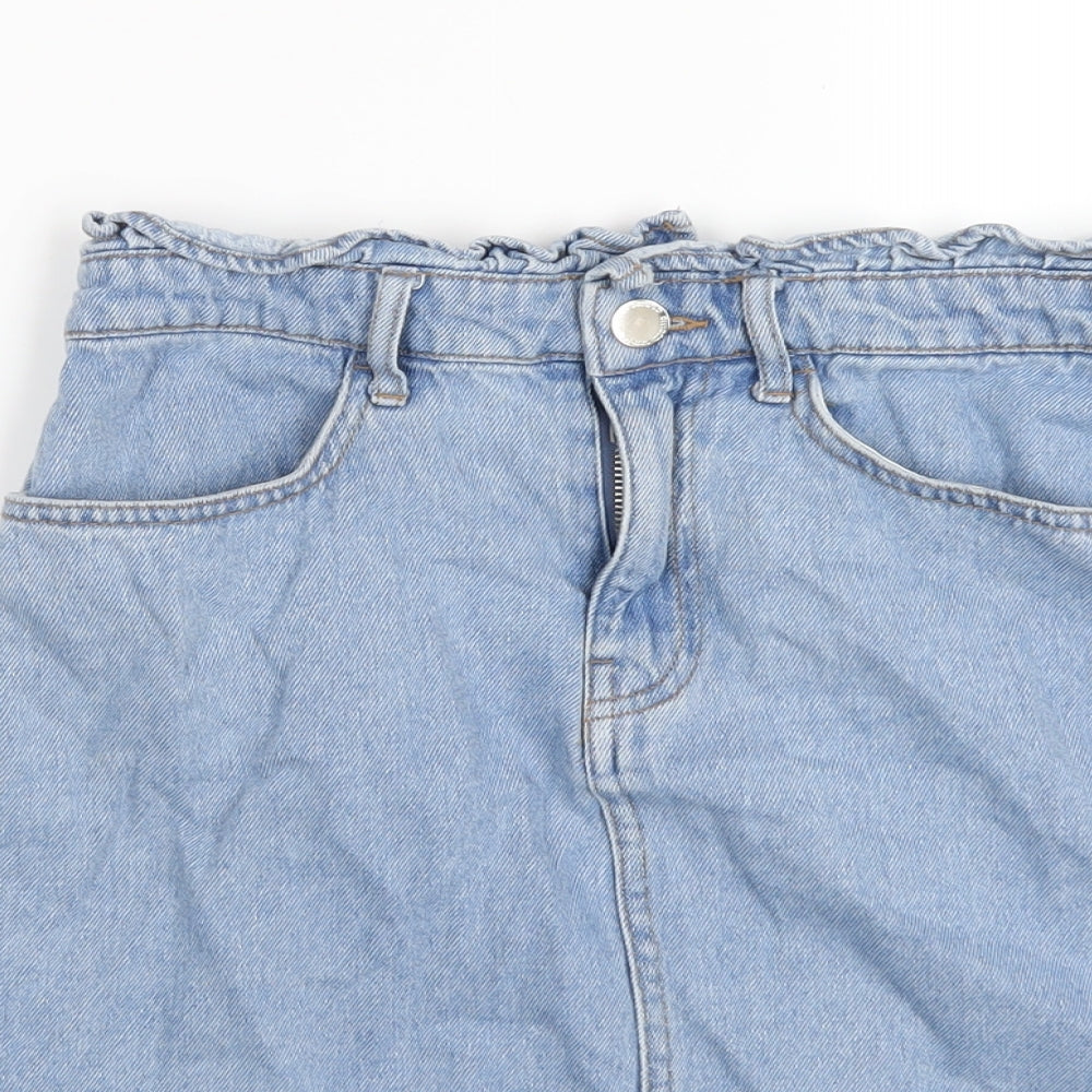 H&M Womens Blue Cotton A-Line Skirt Size 8 Zip - Paperbag Waist