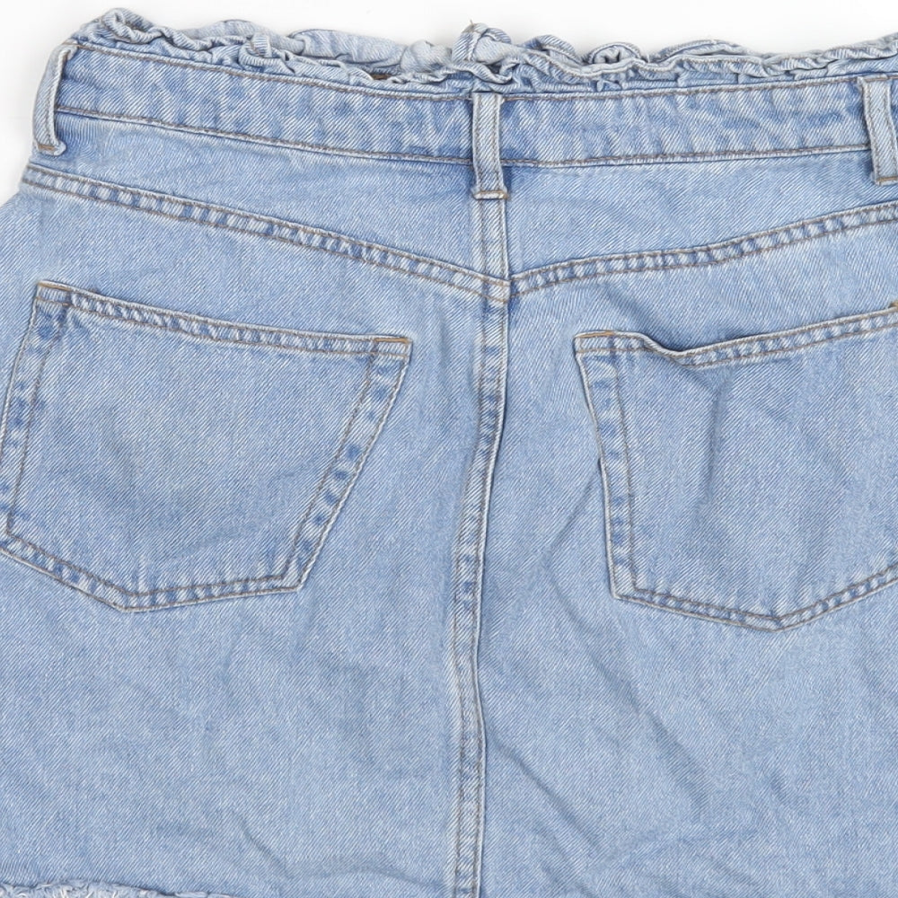 H&M Womens Blue Cotton A-Line Skirt Size 8 Zip - Paperbag Waist