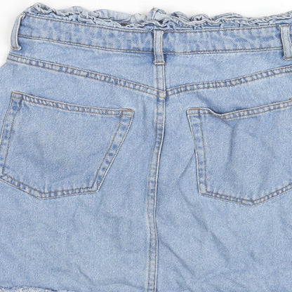 H&M Womens Blue Cotton A-Line Skirt Size 8 Zip - Paperbag Waist