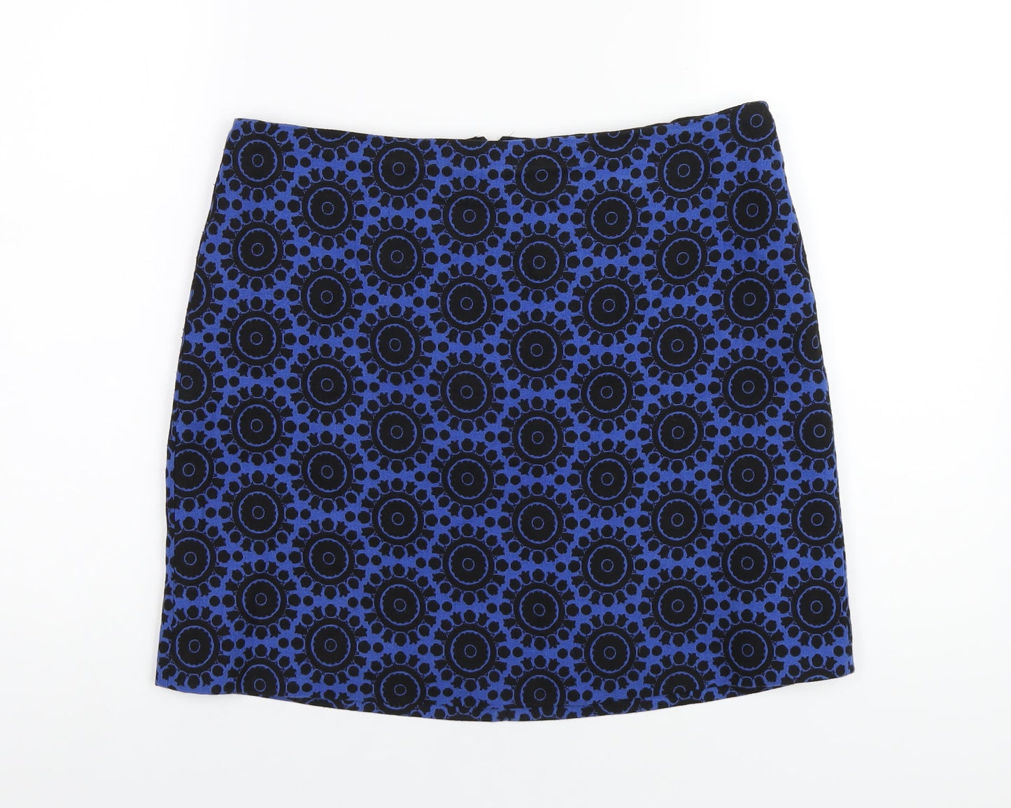 Marks and Spencer Womens Blue Geometric Cotton A-Line Skirt Size 12 Zip