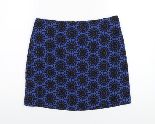 Marks and Spencer Womens Blue Geometric Cotton A-Line Skirt Size 12 Zip