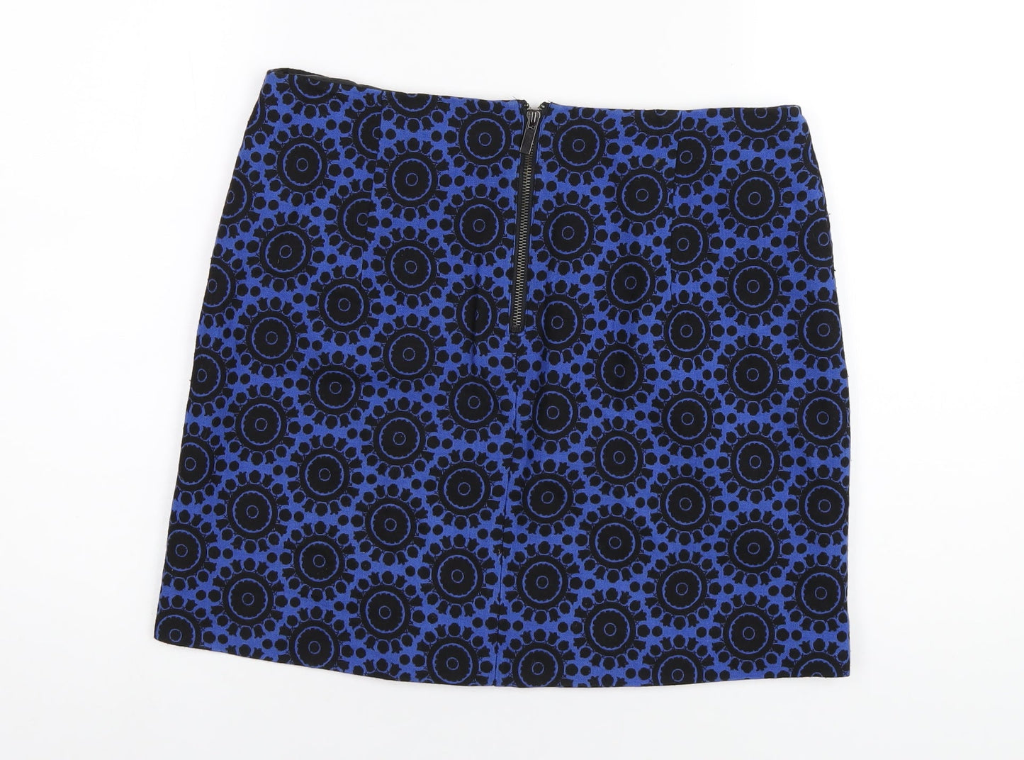 Marks and Spencer Womens Blue Geometric Cotton A-Line Skirt Size 12 Zip