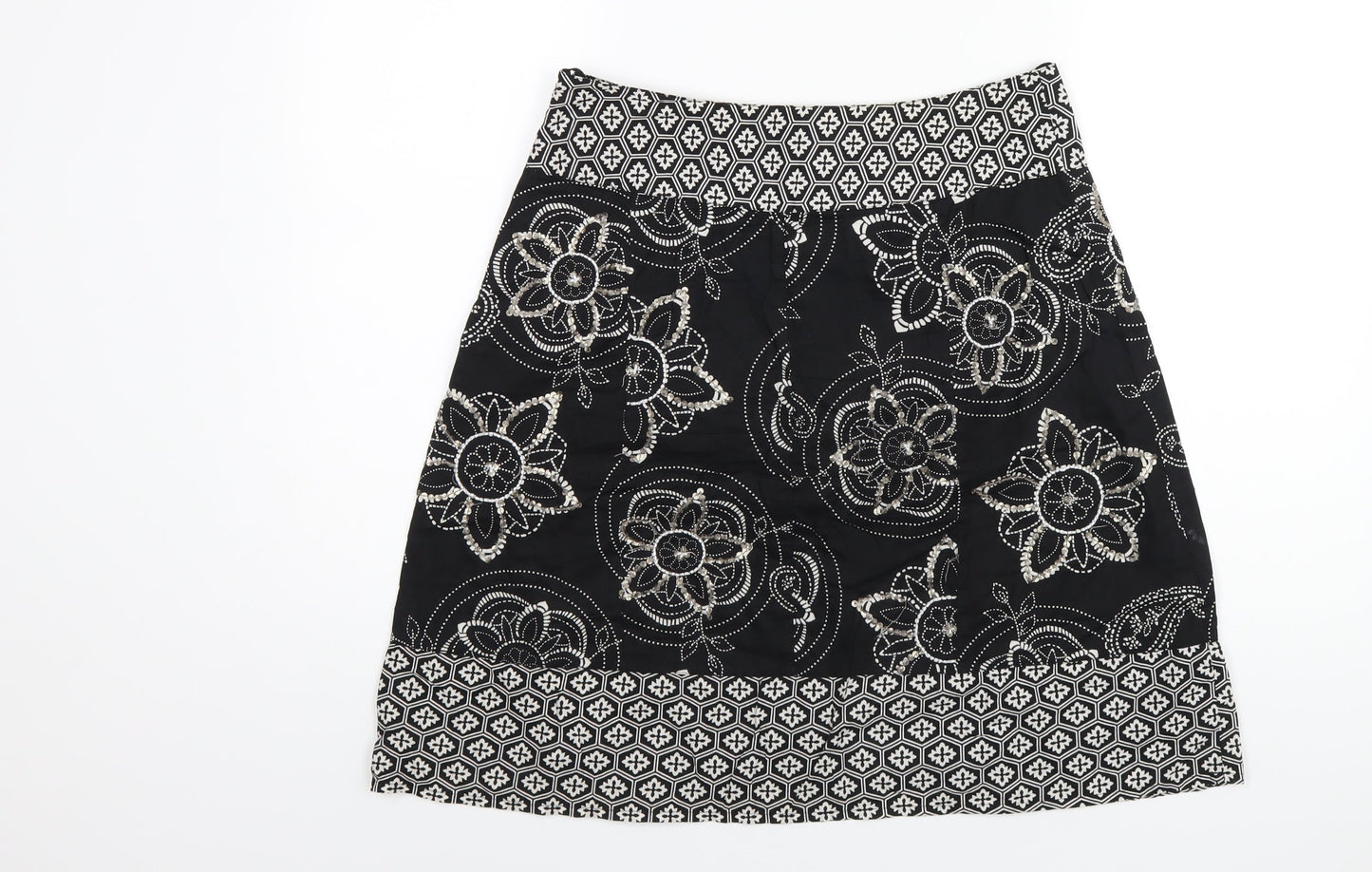Debenhams Womens Black Geometric Cotton A-Line Skirt Size 10 Zip