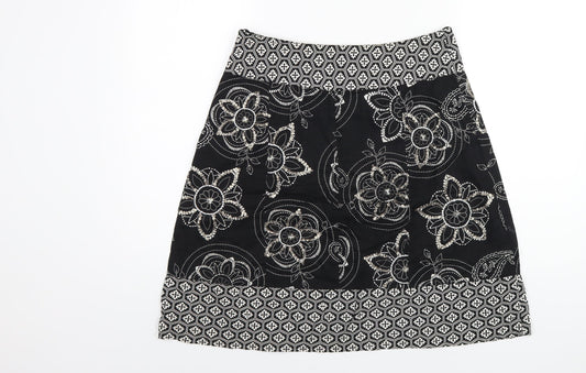 Debenhams Womens Black Geometric Cotton A-Line Skirt Size 10 Zip