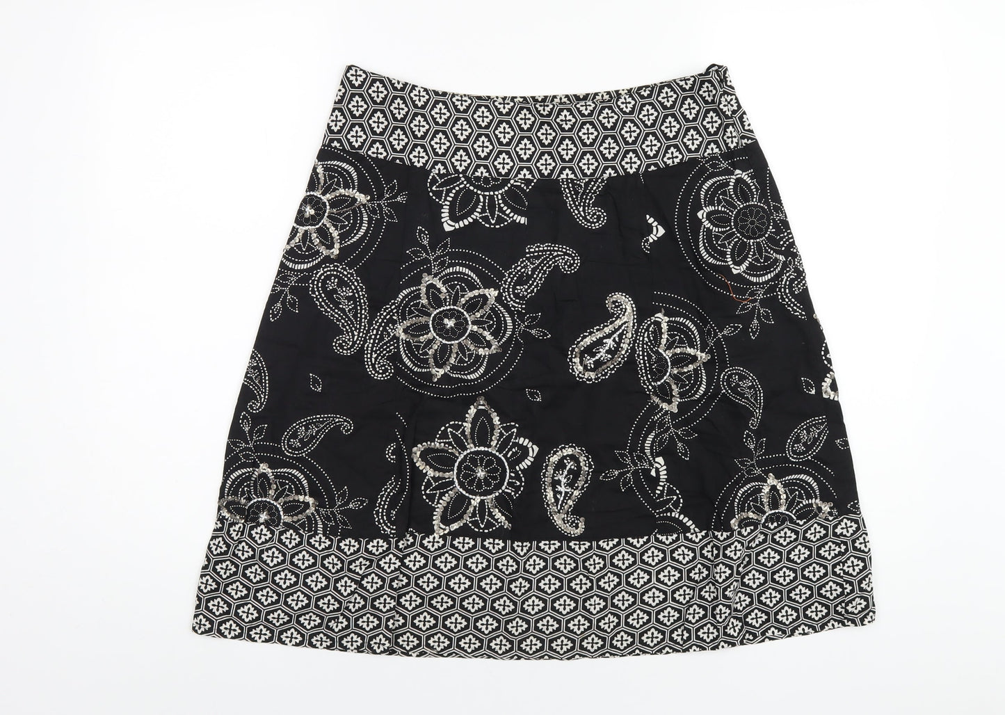 Debenhams Womens Black Geometric Cotton A-Line Skirt Size 10 Zip