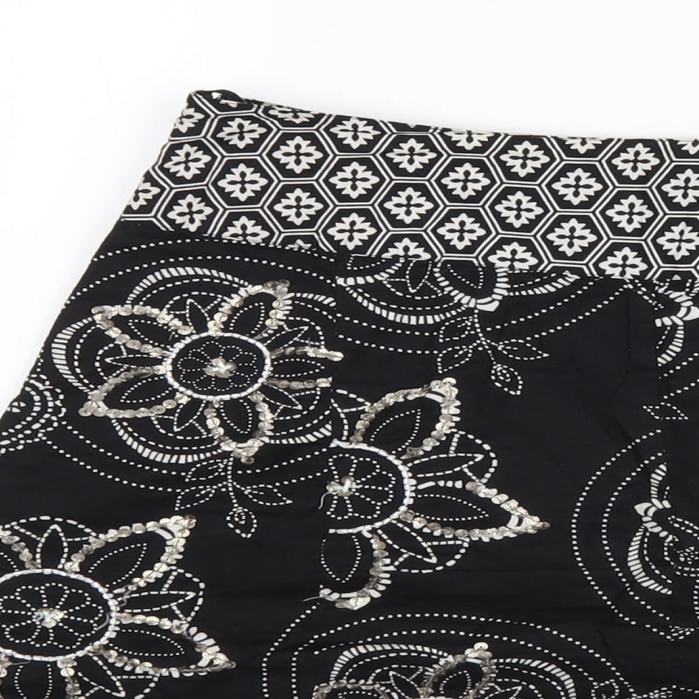 Debenhams Womens Black Geometric Cotton A-Line Skirt Size 10 Zip