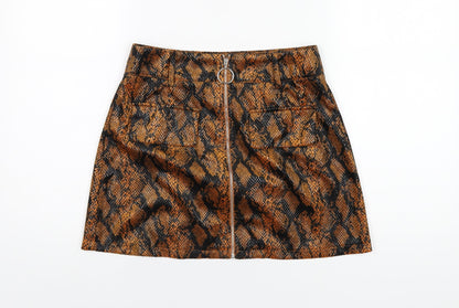 Missguided Womens Orange Animal Print Polyester A-Line Skirt Size 10 Zip