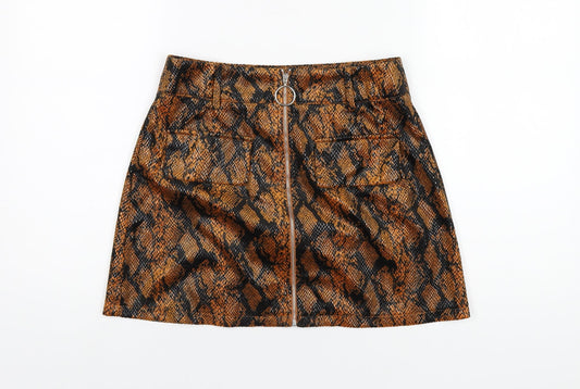 Missguided Womens Orange Animal Print Polyester A-Line Skirt Size 10 Zip