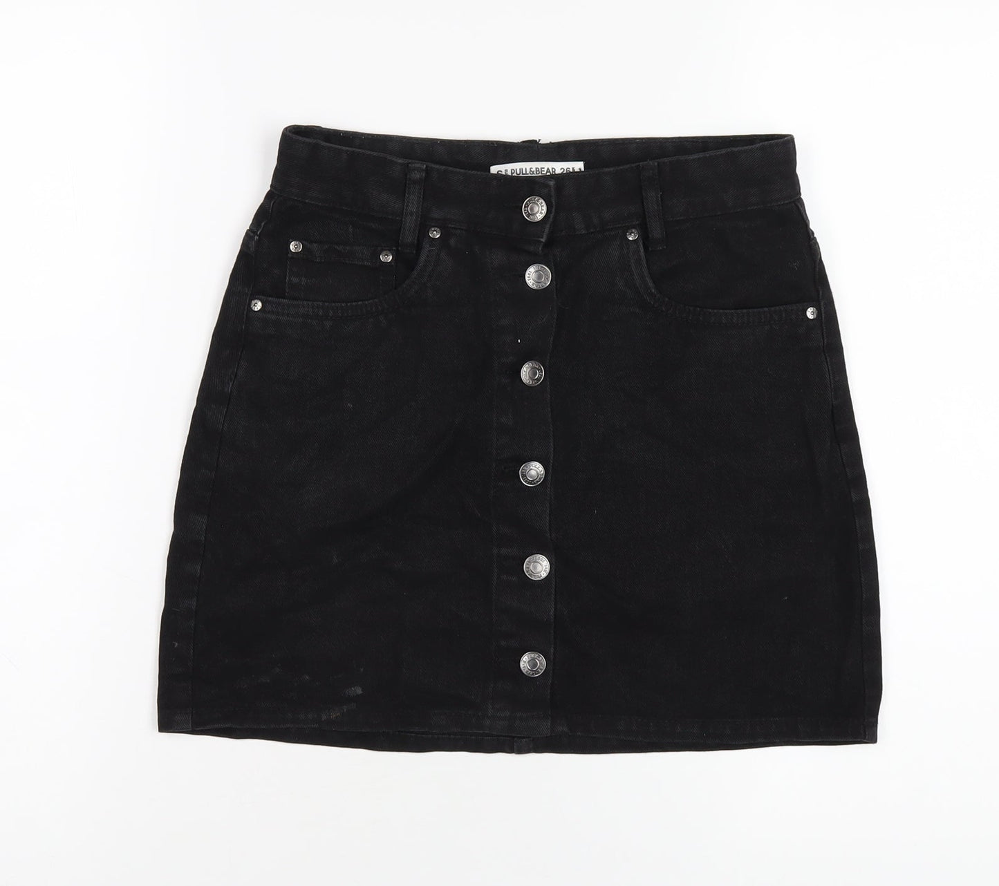 Pull&Bear Womens Black Cotton A-Line Skirt Size S Button