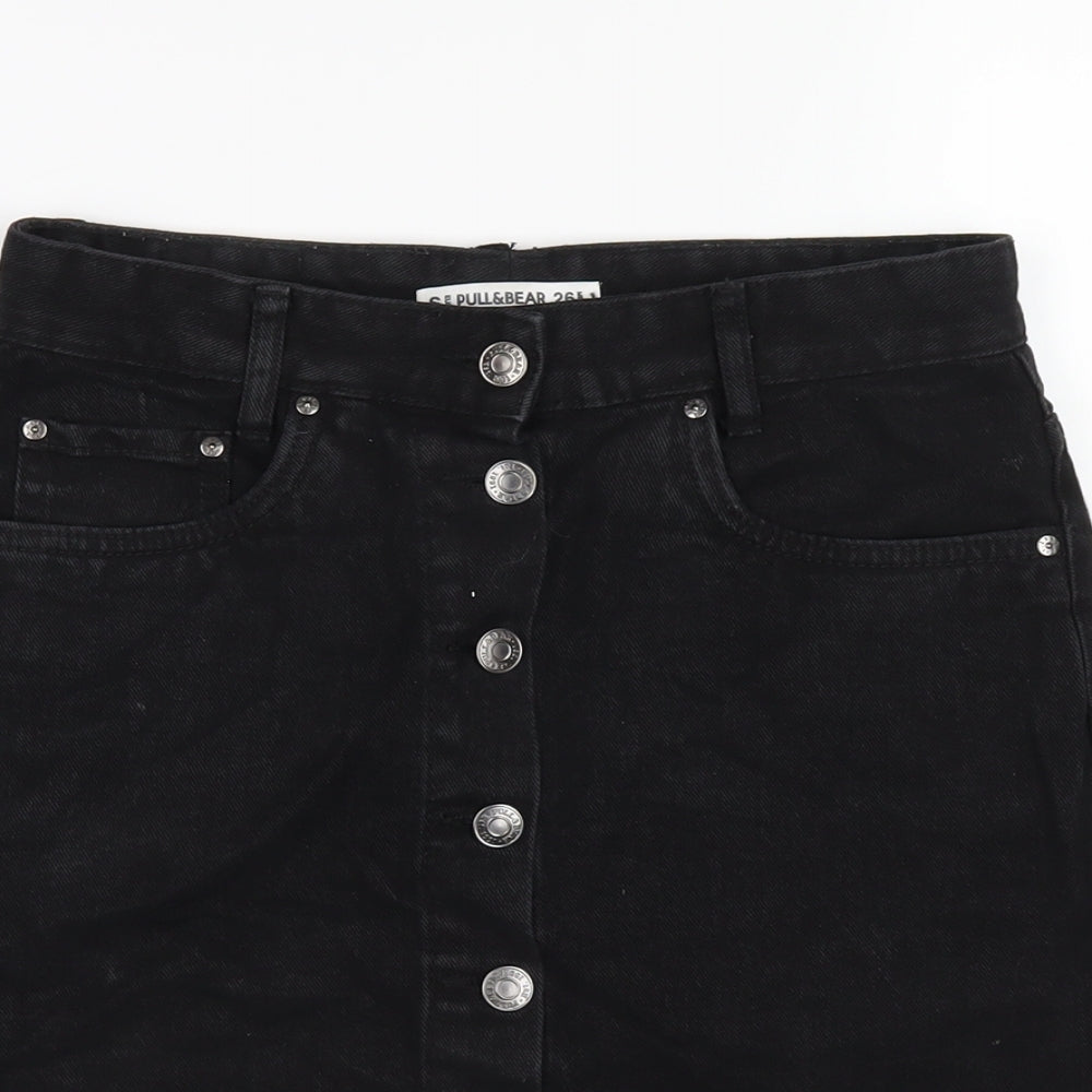 Pull&Bear Womens Black Cotton A-Line Skirt Size S Button