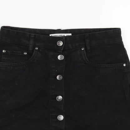 Pull&Bear Womens Black Cotton A-Line Skirt Size S Button