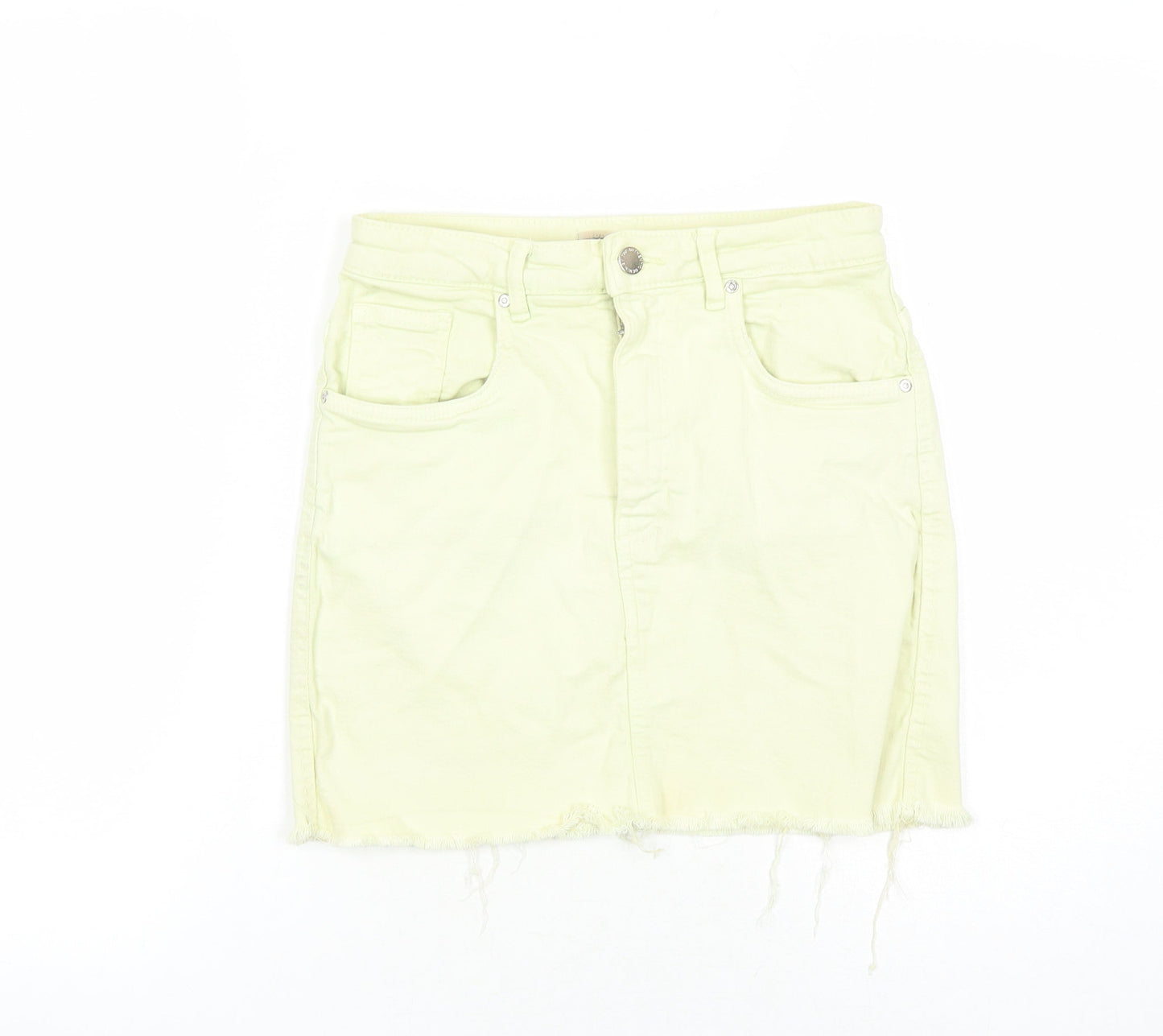 TRF Womens Yellow Cotton Mini Skirt Size 26 in Zip - Pockets Raw Hems