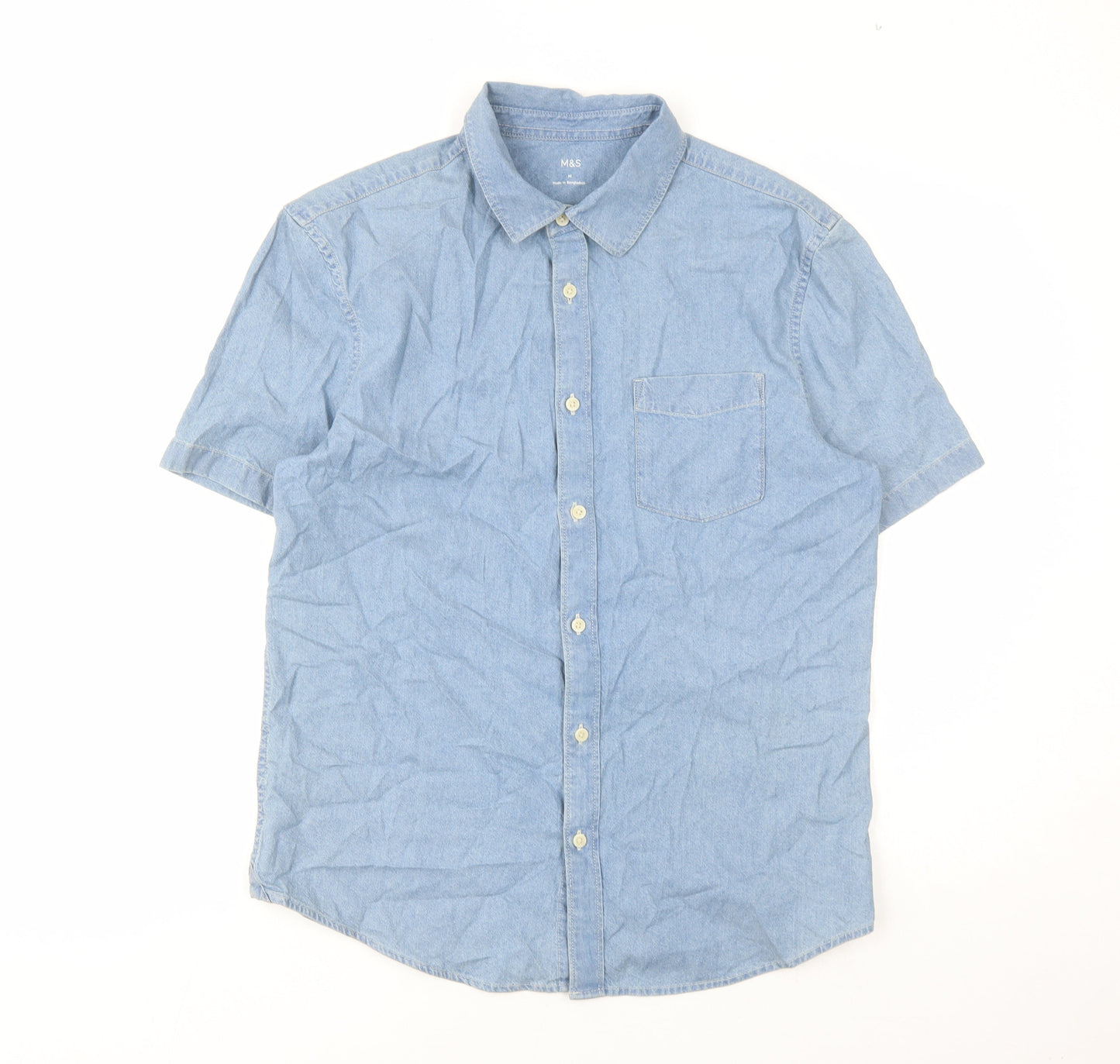 marks and Mens Blue Polyester Button-Up Size M Collared Button