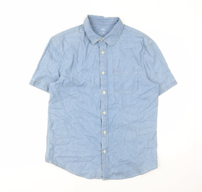marks and Mens Blue Polyester Button-Up Size M Collared Button
