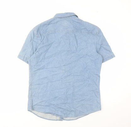 marks and Mens Blue Polyester Button-Up Size M Collared Button