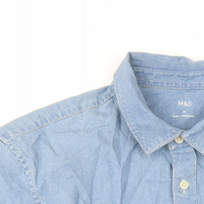 marks and Mens Blue Polyester Button-Up Size M Collared Button