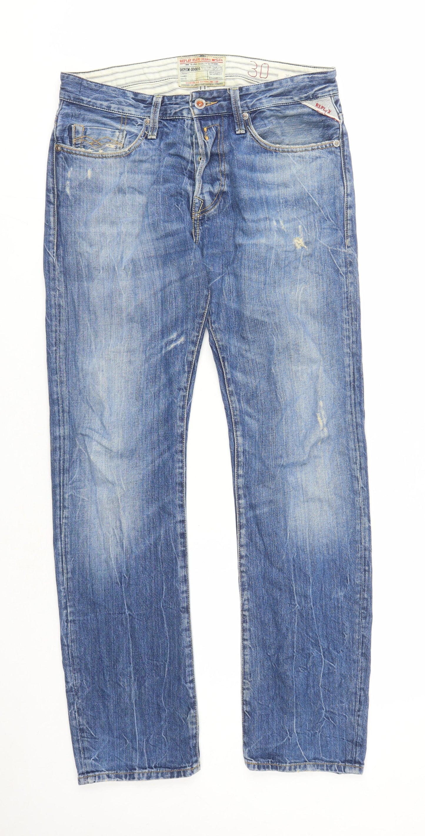 Mens UK Size 30 in Replay Regular Fit Straight Blue Jeans