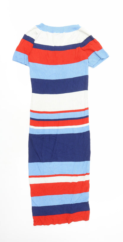 Amisu Womens Blue Colourblock Polyester Jumper Dress Size 14 V-Neck Pullover
